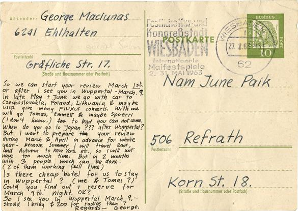 비스바덴 George Maciunas가 N.J.Paik에게 보낸 엽서, 1963년