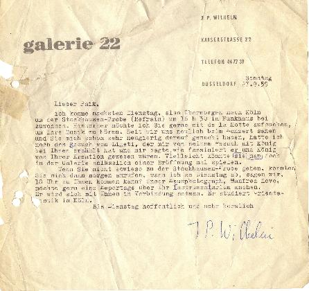 뒤셀도르프, Galerie 22의 J.P Wilhelm이 백남준에게 보낸 편지, 1959년