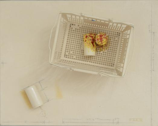 김구림, <정물>, 1979, 캔버스에 유채, 합판, 바구니, 캔, 목탄, 오브제 위에 채색