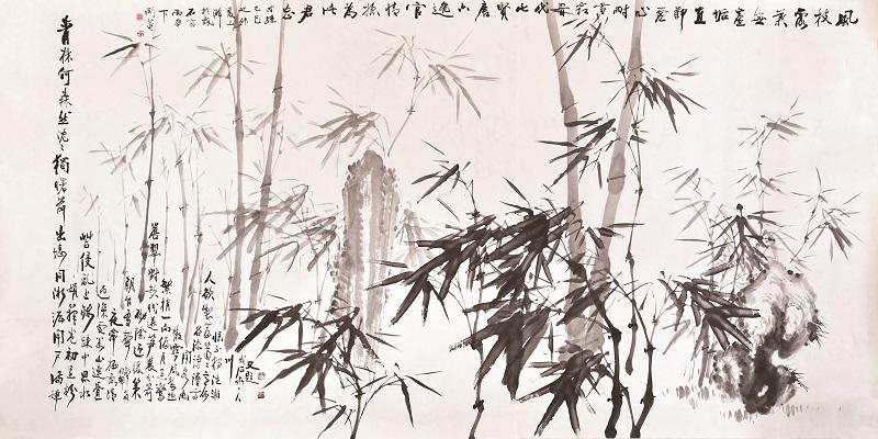 강암 송성용, <석죽도石竹圖-풍지로엽무진구>, 1989, 종이에 먹, 119×240cm, 개인소장