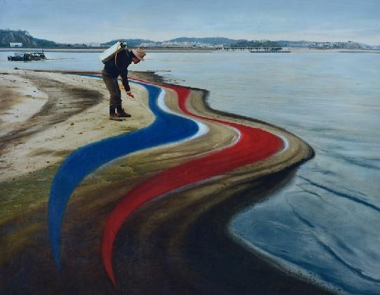 Drawing Wave on the Sand, 1987, Paint on c-print, 91x114cm, Courtesy of the artist