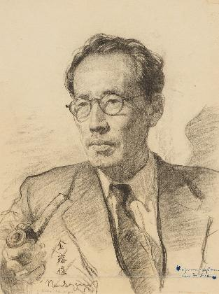 변월룡, <근원 김용준(뎃생)>, 1953, 종이에 목탄, 연필, 42.2X32.5