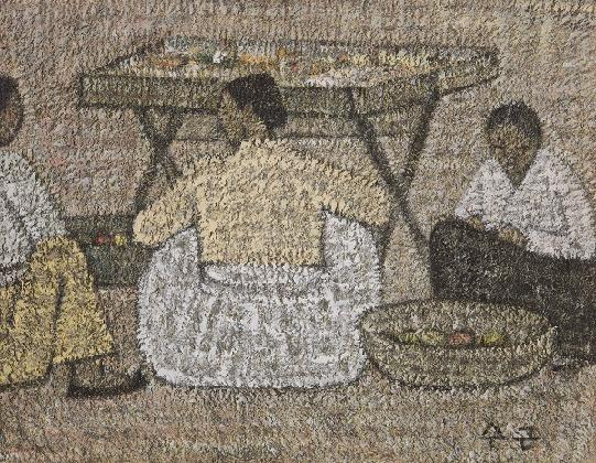 Selling by the Roadside, ca. 1956-1957, oil on canvas, 31.5×41cm, Private Collection