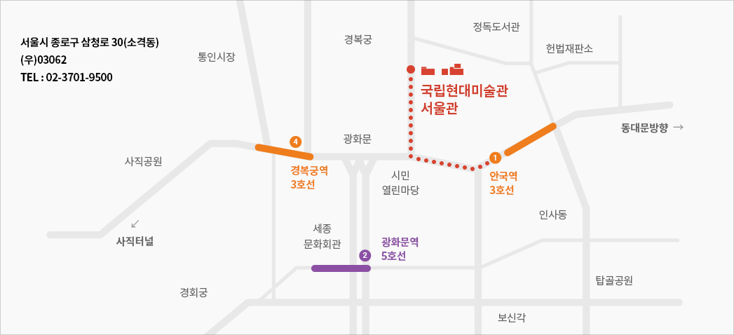 지하철 3호선 안국역에서 하차하여 1번출구로 나와 오른쪽으로 500m정도 직진을 합니다. 500m 정도 직진하시다보면 동십자각이 보이며, 우측으로 꺾어 다시 500m를 직진하시면 우측에 국립현대미술관이 있습니다.