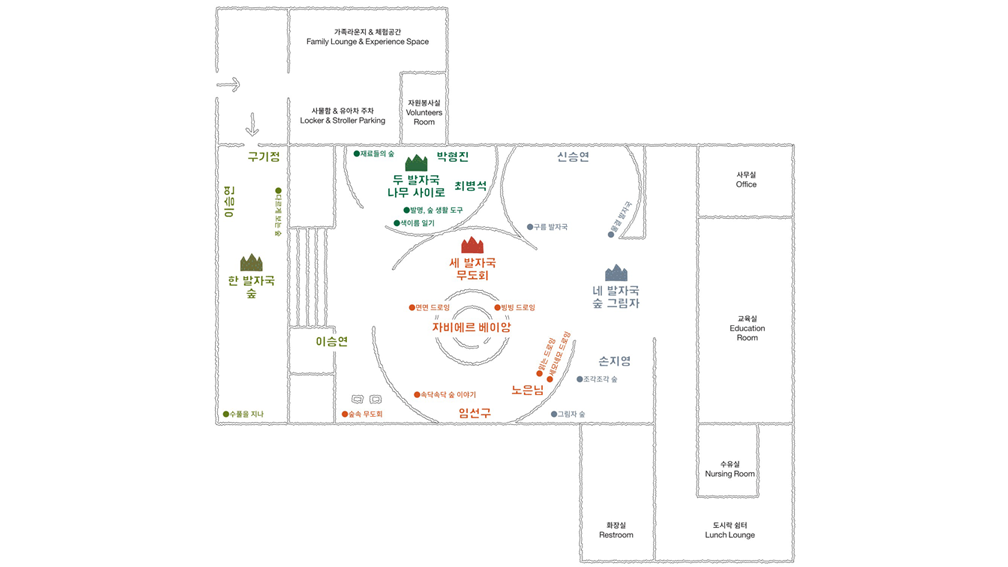 어린이 미술관에 입장하시면, 바로 앞 공간으로 들어가면, 가족라운지&체험공간과 서물함, 유아차 주차공간이 있습니다. 안쪽은 자원봉사실룸이 있습니다. 다시 밖으로 나와 오른쪽 어린이미술관전시실쪽으로 이동을 하면, 정면에 홍승혜 전시실이 있으며, 조금 더 앞으로 가면 그림책 쉼터가 있습니다. 홍승혜 전시실 왼편으로 이동을 하여 오른쪽으로는 하면 앤드워홀, 홍승혜, 서세옥 전시룸이 있습니다. 왼쪽으로는 최호철, 김유선, 김지수 전시룸이 있습니다. 김지수 전시실 맞은편으로 리사박과 이미주 전시룸이 있습니다. 이미주 전시실을 지나 안쪽으로 이동하면, 화장실, 수유실, 도시락쉼터가 있습니다.