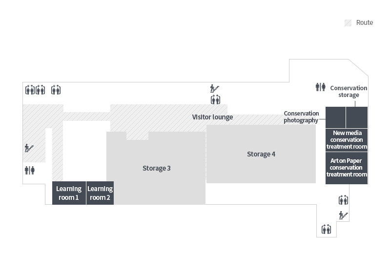 2층에는 관람객 쉼터, 보이는 수장고(국립현대미술관 소장품/ visible storage)가 있습니다. 1층 입구쪽 엘리베이터를 타고 2층으로 이동하여 엘리베이터를 내리면 바로 앞에 비상계단과 화장실, 수유실이 있습니다. 엘리베이터를 내려 오른쪽의 옆 공간으로 이동하면 정면에 관람객 쉼터가 보이며, 오른쪽에 교육공간 1,2가 있습니다. 관람객쉼터로 이동하다보면 오른편에 3수장고와 4수장고가 있습니다. 관람객쉼터를 지나 건물 끝으로 이동하면 보존촬영실, 보존과학수장고, 뉴미디어보존처리실,지류보존처리실이 있습니다. 이 곳에도 엘리베이터, 비상계단, 화장실이 있습니다.