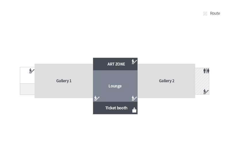 2층에는 1전시실, 2전시실, 아트존, 중앙홀, 매표소가 있습니다. 
											1층 입구쪽 비상계단을 타고 2층으로 올라오면, 바로 앞에 2전시실이 있습니다. 2전시실을 지나 나오면 위쪽에 아트존, 앞에 중앙홀, 아래쪽에 매표소가 있습니다. 아트존과 중앙홀에는 각가 비상계단이 있습니다. 중아홀을 지나면 1전시실이 있으며, 1전시실 밖에는 비상계단이 있습니다.