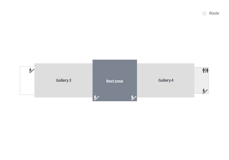 2층 입구쪽 비상계단을 타고 올라오면 정면에 4전시실이 있으며,3층 입구에는 화장실과 비상계단이 있습니다. 4전시실을 지나면 휴식공간이 있으며, 비상계단이 있습니다. 휴식공간을 지나면 3전시실이 있습니다.