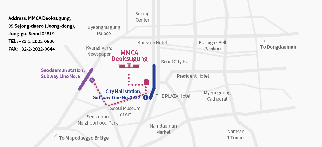 지하철 5호선 서대문역 1번출구로 나와 500m 직진 후 사거리에서 좌회전 덕수궁까지 약 600m 걷기