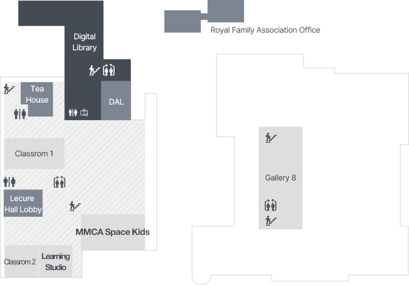 2층에는 디지털도서관, 티하우스, 라운지, 1강의실, 교육동로비, 1작업실, 아트팹랩, 2강의실, 3강의실, 8전시실, 종친부가 있습니다. 
											2층은 주로 교육동을 활용되고 있으며 건물 가장 왼쪽에 1강의실이 있으며, 1강의실 위쪽으로 티하우스, 아래쪽으로 교육동 로비가 있습니다. 1강의실과 교육동로비 사이에 엘리베이터와 화장실이 있습니다. 교육동로비 아래쪽으로 2강의실과 3강의실이 나란히 있으며, 3강의실 오른쪽으로 1작업실(아트팹랩)이 있습니다. 1작업실과 3강의실 사이에는 비상계단이 있습니다. 1강의실 위쪽에 있는 티하우스 앞에는 화상실과 비상계단이 있으며, 티하우스 오른쪽으로 디지털도서관과 라운지 DAL이 있습니다. 디지털도서관 내부에는 화장실, 엘리베이터, 매표소, 물품보관실, 비상계단이 있습니다. 건물밖에는 종친부가 있으며, 오른쪽 건물에 8전시실이 있습니다. 8전시실 안에는 비상계단, 엘리베이터가 있습니다.