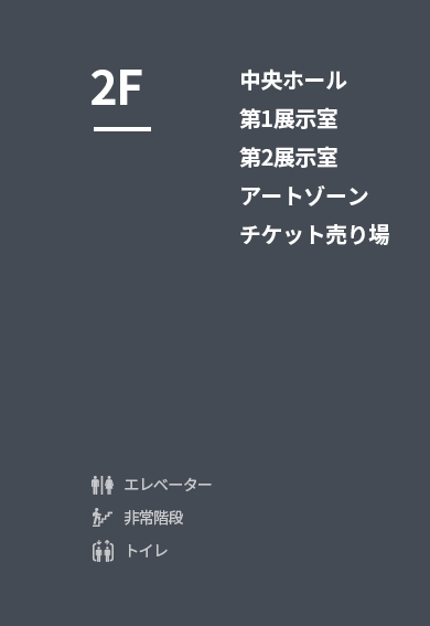 엘리베이터, 비상계단, 화장실, 매표소 인포그래픽 설명이 있습니다. 2층에 있는 시설안내로 1전시실, 2전시실, 아트존, 중앙홀, 매표소가에 대해서 설명하고 있습니다.