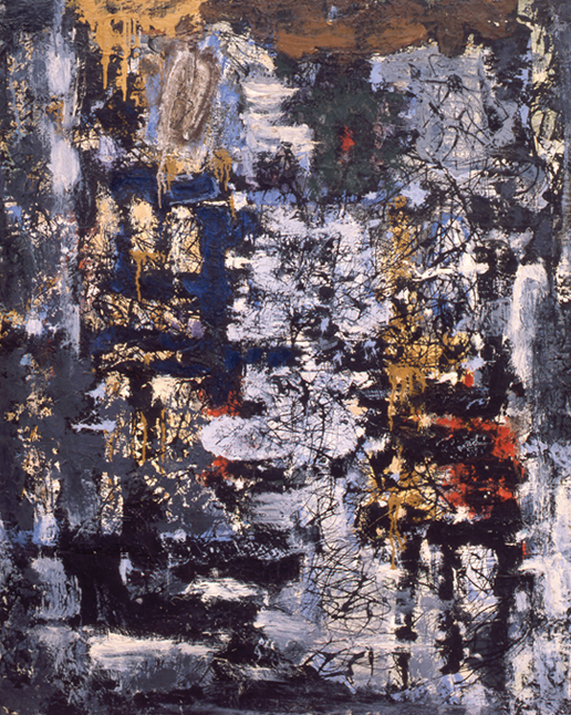 박서보, <회화(繪畵) No.1-57>(1957) 
이 작품은 1950년대 당시 폐허가 된 도시의 건물잔해에 철근이 뒤엉킨 광경에서 영감을 받은 후 에나멜을 숫돌로 갈아내고, 그 위에 다시 색을 뿌리기를 반복하여 제작했다