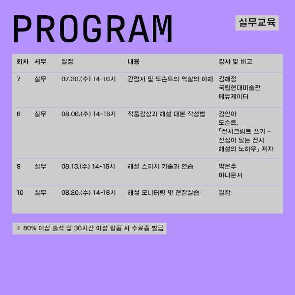 청주관 도슨트3.jpg 프로그램 7~10회차별 세부구분, 일정, 내용, 강사의 정보를 안내하는 표 이미지