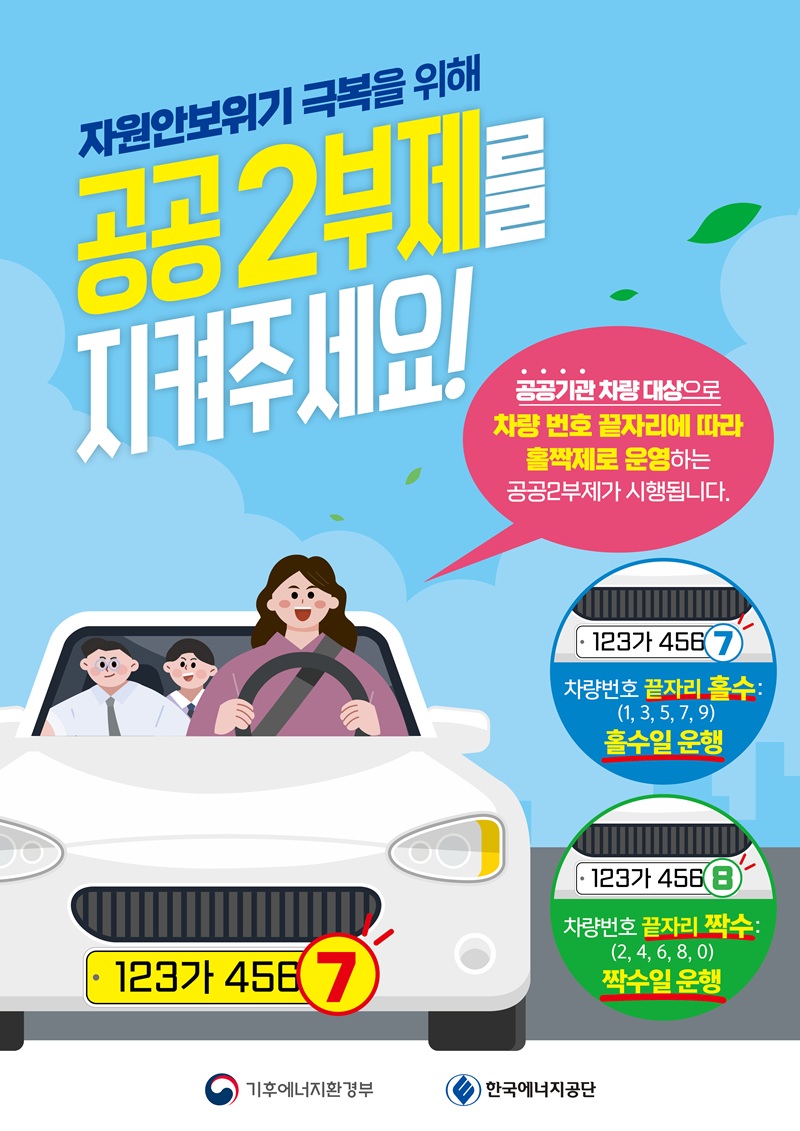 자원안보위기 극복을 위해 공공 2부제를 지켜주세요. 공공기관 차량 대상으로 차량번호 끝자리에 따라 홀짝제로 운영하는 공공2부제가 시행됩니다. 차량번호 끝자리 홀수 1,3,5,7,9 홀수일 운행, 차량번호 끝자리 짝수 2,4,6,8,0 짝수일 운행이라는 문구가 적힌 포스터