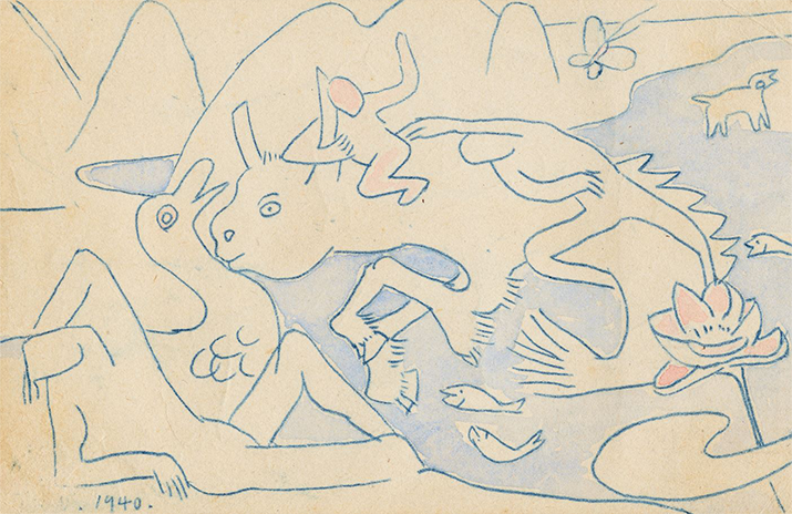 이중섭, ‹상상의 동물과 사람들›(1940)
종이에 먹지그림, 채색, 9×14cm. 국립현대미술관 이건희컬렉션. 이중섭, ‹상상의 동물과 사람들›(1940)
종이에 먹지그림, 채색, 9×14cm. 국립현대미술관 이건희컬렉션.