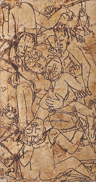 이중섭, ‹가족을 그리는 화가›(1950년대 전반)
은지에 새김, 유채, 15.2×8cm. 국립현대미술관 이건희컬렉션. 이중섭, ‹가족을 그리는 화가›(1950년대 전반)
은지에 새김, 유채, 15.2×8cm. 국립현대미술관 이건희컬렉션.