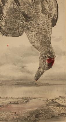 キム・ホソク、飛べない鳥-臨津江の風景、1991、紙に水墨彩色