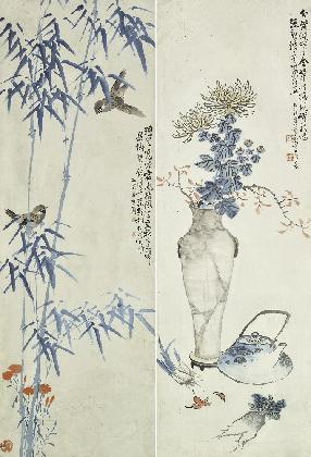 LEE Doyoung, 〈Birds in the Green Bamboo and Vase of Chrysanthemums〉, 1926, Ink and Color on Paper
