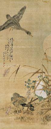 Kim Eunho, Wild Geese and Reeds, Ink and color on silk, 121x48.5cm, MMCA Collection