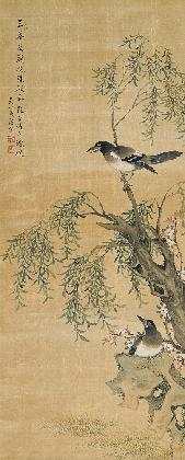 Oh Ilyoung, Flowering Plants and Birds, c.1920, Ink and color on silk, 121x50cm, MMCA Collection