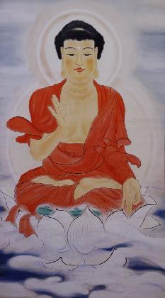 Chung Chong-yuo, Hanging Painting of Buddha in Uigoksa Temple, 1938, color on cotton, 623.5×333.5cm