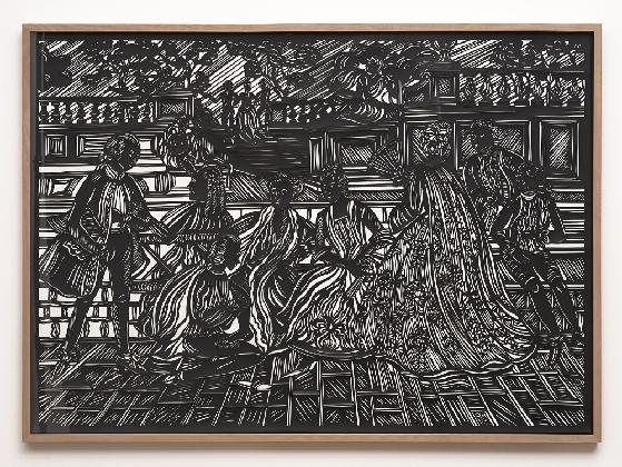 Sonja Sofia Yakovleva, Professione Cicisbeo, 2018, black paper cut-out on white paper, 105 x 145 cm