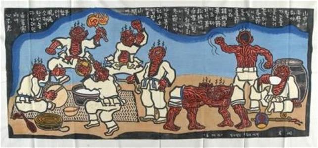 Oh Yoon, Dokkaebi, 1985, 91x218cm, Linoleum cut, Private Collection.