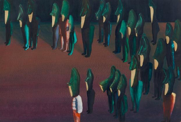 신학철, <묵시 802>, 1980, 캔버스에 콜라주, 60.6×80.3cm, 국립현대미술관 소장.