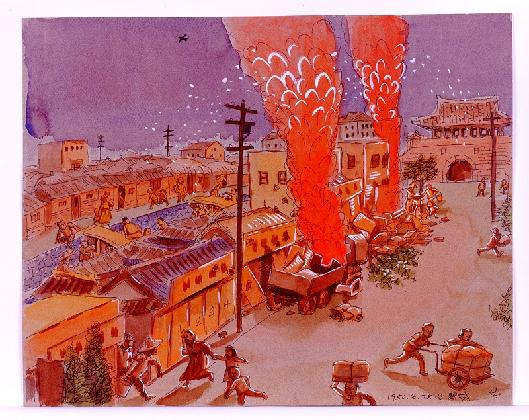 김성환,<6.25스케치 1950년 8월 28일 개성을 폭격한 미군기>, 1952(후일작품), 종이에 연필, 채색, 29.6×37.8cm, 국립현대미술관 소장