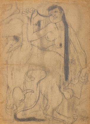 ‹소와 여인›, 1942, 종이에 연필, 41×29.7cm. 국립현대미술관 이건희컬렉션