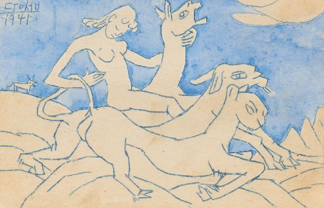 ‹상상의 동물과 여인›, 1941, 종이에 먹지그림, 채색, 9×14cm. 국립현대미술관 이건희컬렉션