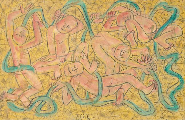 ‹다섯 아이와 끈›, 1950년대 전반, 종이에 연필, 유채, 33.5×51cm. 국립현대미술관 이건희컬렉션