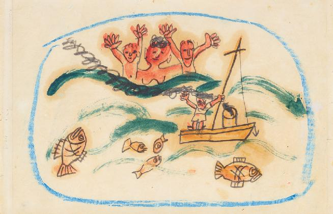 ‹현해탄›, 1950년대 전반, 종이에 펜, 유채, 크레용, 13.7×21.5cm. 국립현대미술관 이건희컬렉션