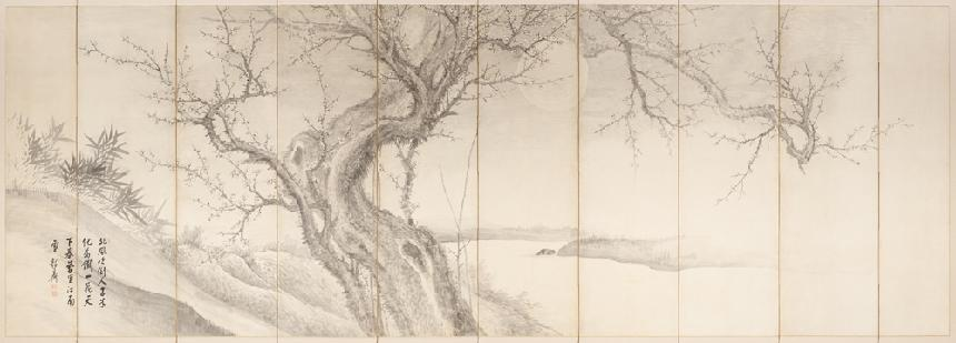 허백련(1891–1977), ‹월매(月梅)›, 연도미상, 종이에 먹, 10폭 병풍, 128 × 38.5 cm(8), 128 × 27.5 cm(2), 병풍: 205 × 390cm 