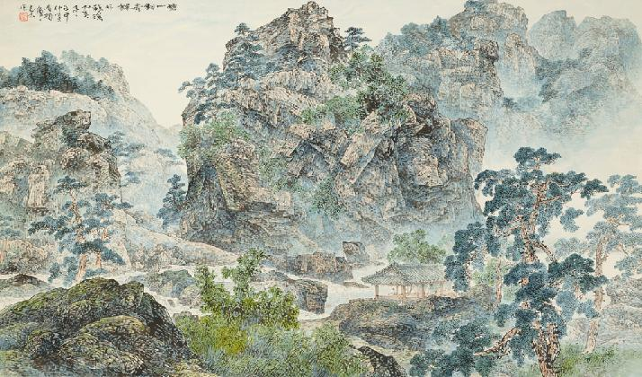 이영찬(1935– ), ‹구미정(九美亭)›, 1992, 종이에 먹, 색, 66.2 × 113cm 