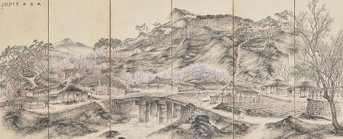 변관식, ‹무창춘색› 1955, 종이에 수묵채색; 6폭 병풍, 136.5×47×(2), 136.5×59.5×(4), 병풍: 181×357cm, MMCA 이건희컬렉션