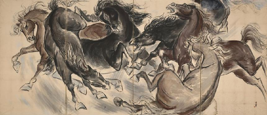 김기창, ‹군마›, 1955, 종이에 먹, 색, 212×122cm×(4), 국립현대미술관 이건희컬렉션