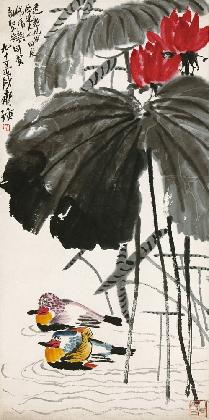 치바이스(齐白石), ‹연꽃과 원앙(荷花鸳鸯)›, 1955, 종이에 먹, 색, 137.7×67.8cm, 중국미술관