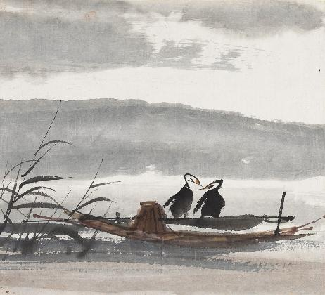 린펑몐(林风眠), ‹물수리와 작은 배(鱼鹰小舟)›, 1961, 종이에 먹과 색, 31×34.5cm, 중국미술관