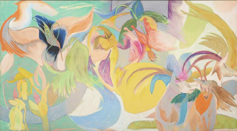 최욱경(1940-1985), ‹미처 못 끝낸 이야기›, 1977, 한지에 색연필, 크레용, 147×266cm. 