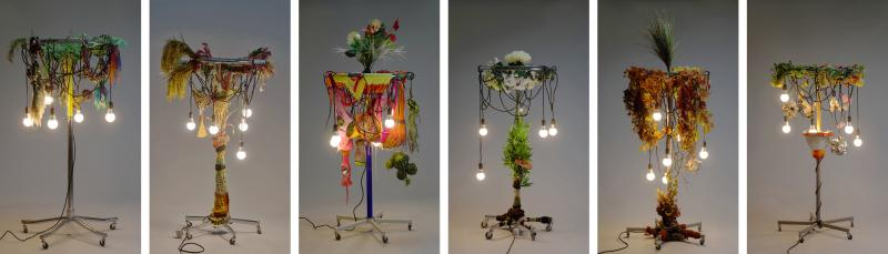 YANG Haegue(1971-), ‹Female Natives›, 2010, Clothing racks, casters, bulbs, cable, artificial plants, bells, cord, rope, metal chain, knitting yarn, dried ginger, metal ring, aluminum reflector, tin can, cane ball, seashells, papier mâché, dried ginseng, painted wood ball, cosmetic sponge, dried tree-ear mushroom, fringe, hair roller, metal clamp, glass beads and sequin patch, 1. 185×106×106cm, 2. 192×123×150cm, 3. 197×103×103cm, 4. 191×84×84cm, 5. 235×105×105cm, 6. 180×110×110