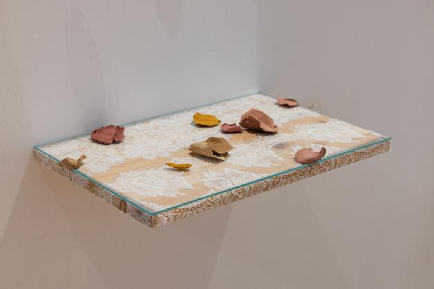 징 탄, ‹케이프타운 장미›, 2024, 침향, 정향, 백두구, 장미 가루, 카레 가루, 레이스, 유리판, 나무, 가변설치.