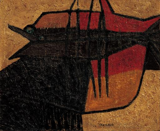 유영국, ‹물고기›, 1956, 캔버스에 유화 물감, 48 × 38 cm, 유영국미술문화재단 소장 ©유영국미술문화재단