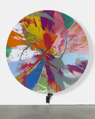 ‹Beautiful Exploding Hell Bent Mayhem and Madness Vortex of Rainbows and Death Volcano Painting›, 1999, Household gloss on canvas with electric motor, Dia 365.8 cm. Private Collection. © Damien Hirst and Science Ltd. All rights reserved, DACS 2026. Photographed by Prudence Cuming Associates