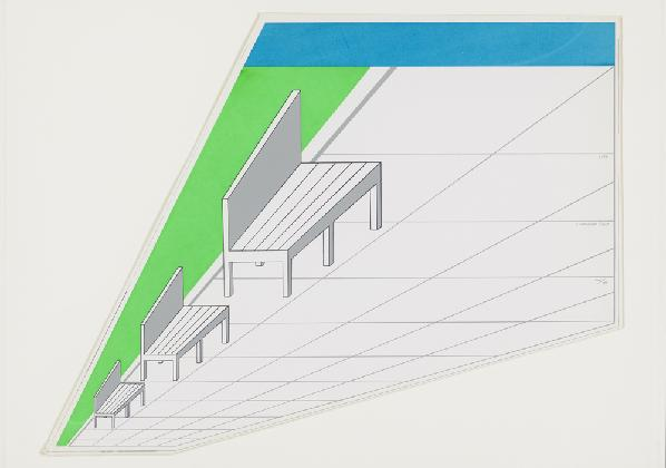 다카마쓰 지로, ‹역원근법의 벤치›, 1967, 실크스크린, 61 × 80 cm. 도쿄국립근대미술관 소장.