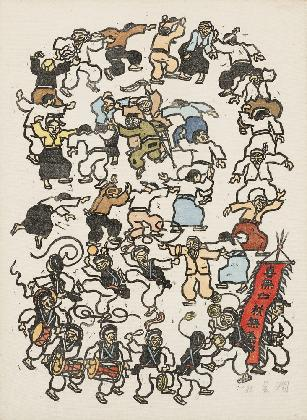 오윤, ‹춘무인추무의›, 1985, 천에 고무판, 67.8x49.5cm