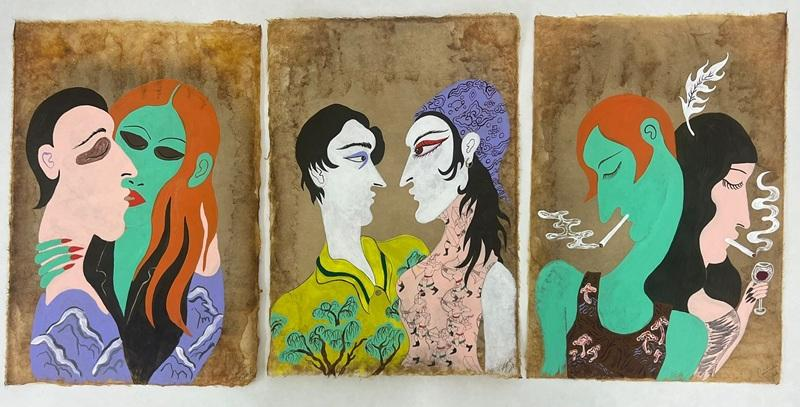 ‹Embrace›/‹Hunters›/‹Clouds›, 2026, 한지에 잉크와 과슈, 각 46 x 32 cm.