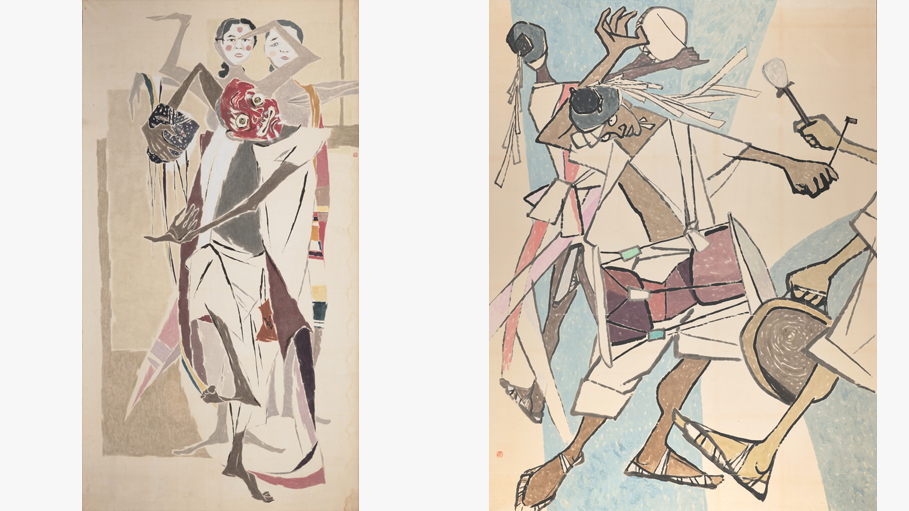 박래현, ‹탈›, 1958 / 김기창, ‹흥락도›, 1957｜MMCA 과천 상설전 «한국근현대미술 I»